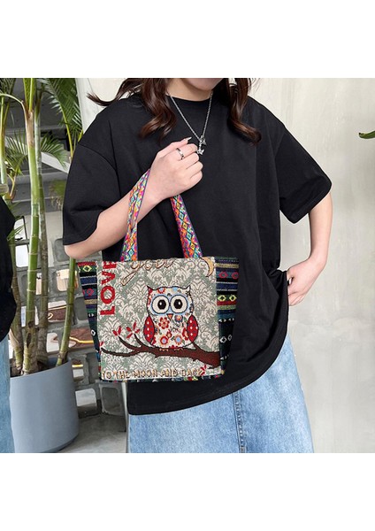 Vintage Style Women Tote Bag Alışveriş Çantaları Alışveriş Için Günlük Çantalar Ev F-Beige Rde Baykuş (Yurt Dışından) indirimleri