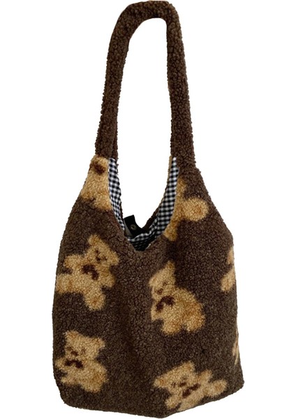 Kadınlar Kuzu Kumaş Omuz Çantası Tuval Gibi Kırış Tote Büyük Kapasite Çantası Koyu Kahverengi (Yurt Dışından)