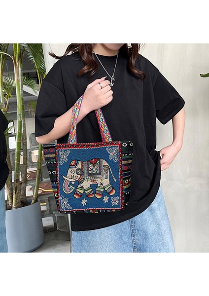 Vintage Style Women Tote Bag Alışveriş Çantaları Alışveriş Için Günlük Çantalar Ev F-Blue Fil (Yurt Dışından) fırsatları