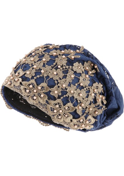 Şık Kadınlar Dantel Beanie Kapalı Açık Jacquard Şapkası Kafası Başlık Eğimli Koyu Mavi (Yurt Dışından)