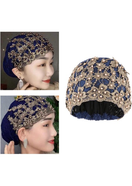 Şık Kadınlar Dantel Beanie Kapalı Açık Jacquard Şapkası Kafası Başlık Eğimli Koyu Mavi (Yurt Dışından) modelleri