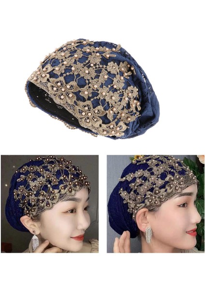 Şık Kadınlar Dantel Beanie Kapalı Açık Jacquard Şapkası Kafası Başlık Eğimli Koyu Mavi (Yurt Dışından) fırsatları