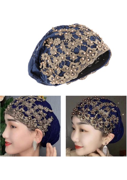 Şık Kadınlar Dantel Beanie Kapalı Açık Jacquard Şapkası Kafası Başlık Eğimli Koyu Mavi (Yurt Dışından) indirimleri