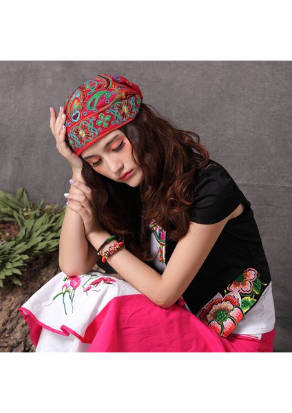 Boho Bayanlar Etnik Türban Şapka Kafa Sargısı Faresi Bere Işlemeli Çiçek Kırmızı (Yurt Dışından) indirimleri