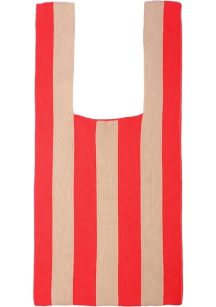 Şerit Desen Yumuşak Örgü Omuz Çantası Alışveriş Tote Bayan Açık El Çantası Kırmızı Haki (Yurt Dışından)
