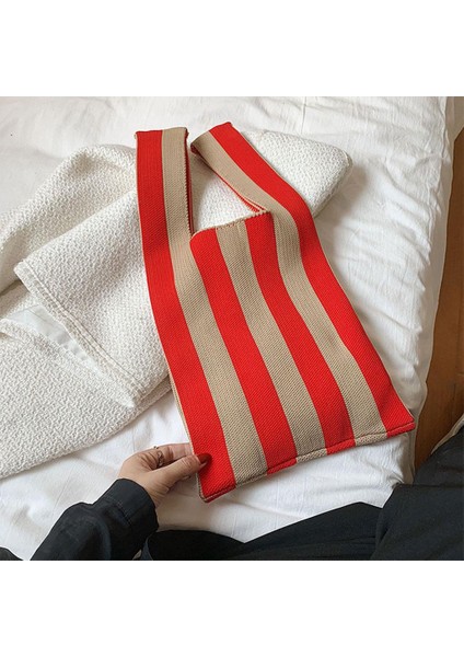 Şerit Desen Yumuşak Örgü Omuz Çantası Alışveriş Tote Bayan Açık El Çantası Kırmızı Haki (Yurt Dışından) fiyatları