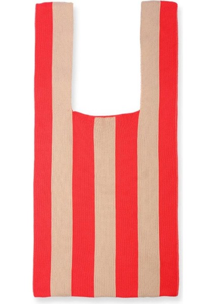 Şerit Desen Yumuşak Örgü Omuz Çantası Alışveriş Tote Bayan Açık El Çantası Kırmızı Haki (Yurt Dışından) modelleri