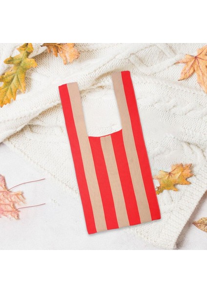 Şerit Desen Yumuşak Örgü Omuz Çantası Alışveriş Tote Bayan Açık El Çantası Kırmızı Haki (Yurt Dışından) fırsatları