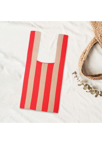 Şerit Desen Yumuşak Örgü Omuz Çantası Alışveriş Tote Bayan Açık El Çantası Kırmızı Haki (Yurt Dışından) indirimleri