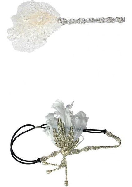 2 Paket Retro Tüy Kafa Bandı 1920'LER Parti Için Rhinestone Başlığı (Yurt Dışından)