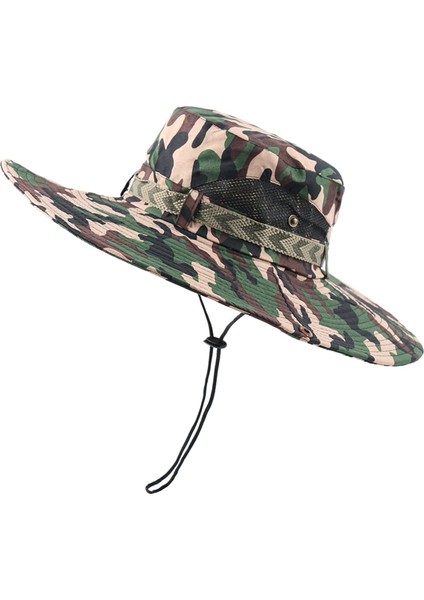 Erkek Güneş Şapkı Yaz Uv Koruma Geniş Kemeri Şapk Rüzgar Geçirmez Balıkçılık Şapkası Yeşil Camo 1 (Yurt Dışından)