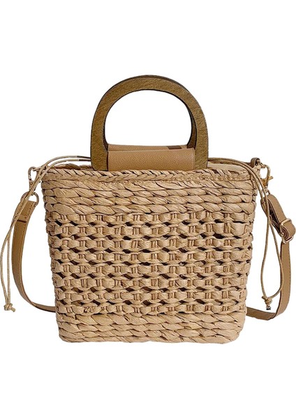 Sıradan Saman Dokuma Çanta Üst Tutamak Satchel Brawstring Saman Çanta Hediyeler Için Haki (Yurt Dışından)