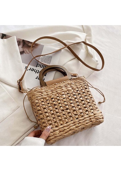 Sıradan Saman Dokuma Çanta Üst Tutamak Satchel Brawstring Saman Çanta Hediyeler Için Haki (Yurt Dışından) modelleri