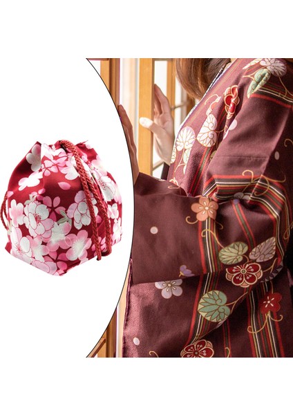 Kiraz Çiçeği Japon Ipli Çanta Kozmetik Sikke Çanta Öğle Yemeği Çantası Kılıfı Şarap Kırmızı Kiraz (Yurt Dışından) fırsatları