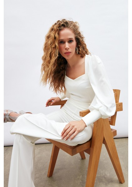 Balon Kol Crop Bluz - Ekru