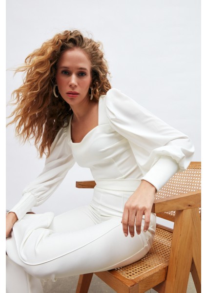 Balon Kol Crop Bluz - Ekru modelleri