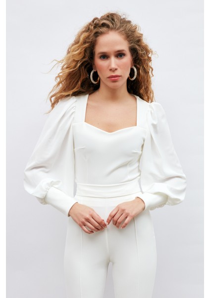Balon Kol Crop Bluz - Ekru fırsatları