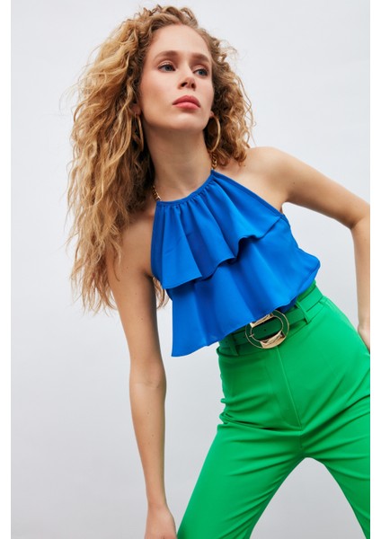 Zincir Detaylı Volanlı Bluz - Sax Mavi