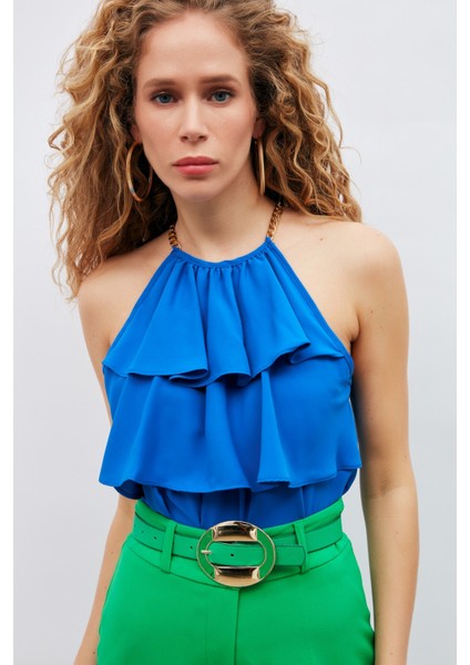 Zincir Detaylı Volanlı Bluz - Sax Mavi fiyatları