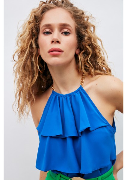 Zincir Detaylı Volanlı Bluz - Sax Mavi modelleri