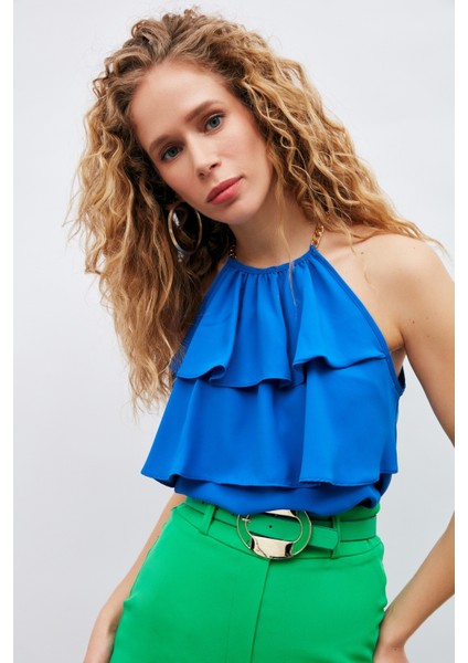 Zincir Detaylı Volanlı Bluz - Sax Mavi fırsatları