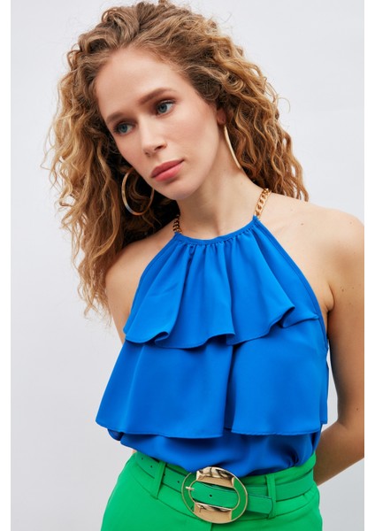 Zincir Detaylı Volanlı Bluz - Sax Mavi indirimleri