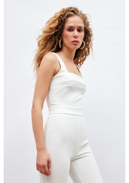 Kare Yaka Crop Bluz - Ekru fırsatları