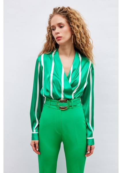 Kruvaze Yaka Çizgili Bluz - Yeşil