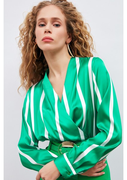 Kruvaze Yaka Çizgili Bluz - Yeşil fiyatları