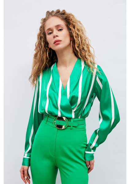 Kruvaze Yaka Çizgili Bluz - Yeşil modelleri