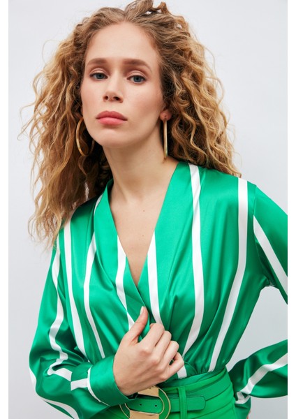 Kruvaze Yaka Çizgili Bluz - Yeşil fırsatları