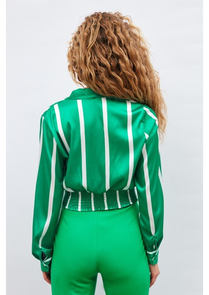 Kruvaze Yaka Çizgili Bluz - Yeşil indirimleri