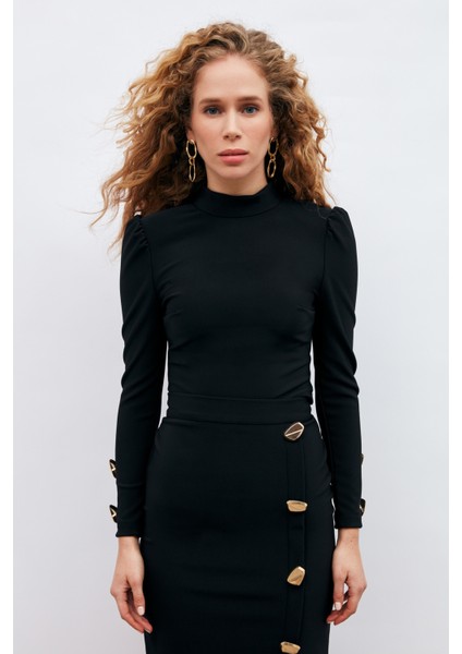 Düğme Detaylı Crop Bluz - Siyah