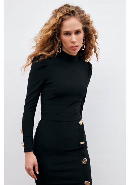 Düğme Detaylı Crop Bluz - Siyah fiyatları