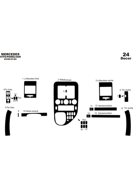 Meriç® Mercedes Vito Panelvan Ön Torpido Kaplama Maun 24 Parça 1999-2004