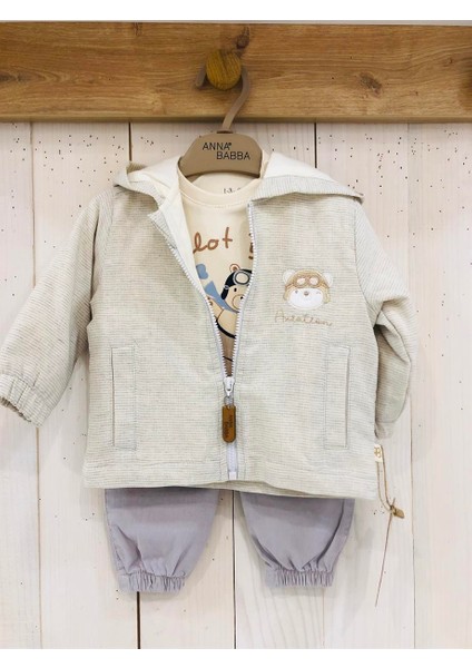 3'lü Pilot Ayıcık Desenli Kapüşonlu Bebek Hırka Tişört Pantolon Takım