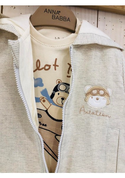 3'lü Pilot Ayıcık Desenli Kapüşonlu Bebek Hırka Tişört Pantolon Takım modelleri