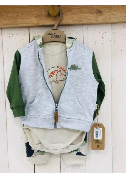 Dinozor Desenli Kapüşonlu Hırka Çıtçıtlı Uzun Kol Zıbın Kamuflaj Pantolon Bebek 3'lü Takım