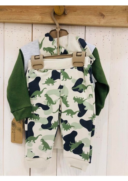 Dinozor Desenli Kapüşonlu Hırka Çıtçıtlı Uzun Kol Zıbın Kamuflaj Pantolon Bebek 3'lü Takım modelleri