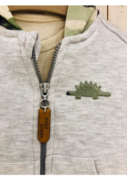 Dinozor Desenli Kapüşonlu Hırka Çıtçıtlı Uzun Kol Zıbın Kamuflaj Pantolon Bebek 3'lü Takım fırsatları