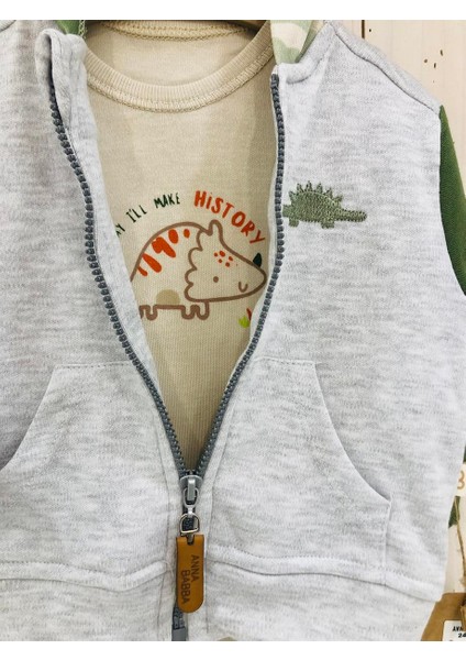 Dinozor Desenli Kapüşonlu Hırka Çıtçıtlı Uzun Kol Zıbın Kamuflaj Pantolon Bebek 3'lü Takım indirimleri