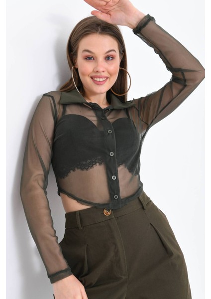 Kadın Siyah Uzun Kollu Tül Crop Gömlek