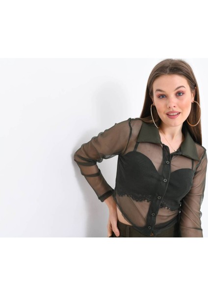 Kadın Siyah Uzun Kollu Tül Crop Gömlek fiyatları