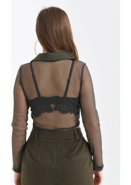 Kadın Siyah Uzun Kollu Tül Crop Gömlek modelleri