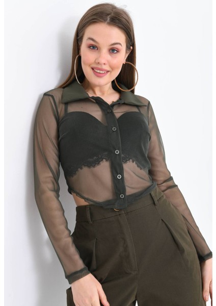 Kadın Siyah Uzun Kollu Tül Crop Gömlek fırsatları