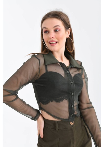 Kadın Siyah Uzun Kollu Tül Crop Gömlek indirimleri