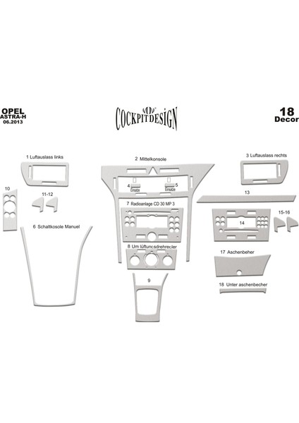 Meriç® Opel Astra H Ön Torpido Kaplama Maun 18 Parça 2004-2015 fiyatları