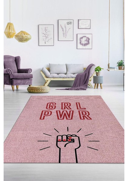 Grl Pwr Pamuklu Dokuma Tabanlı Yıkanabilir Dekoratif Halı