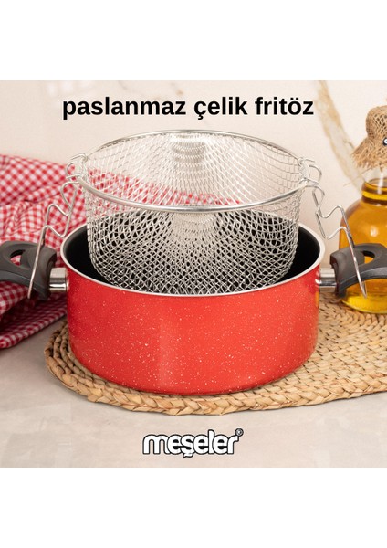 Granit Kızartma Tenceresi 24 cm Fritöz Kırmızı