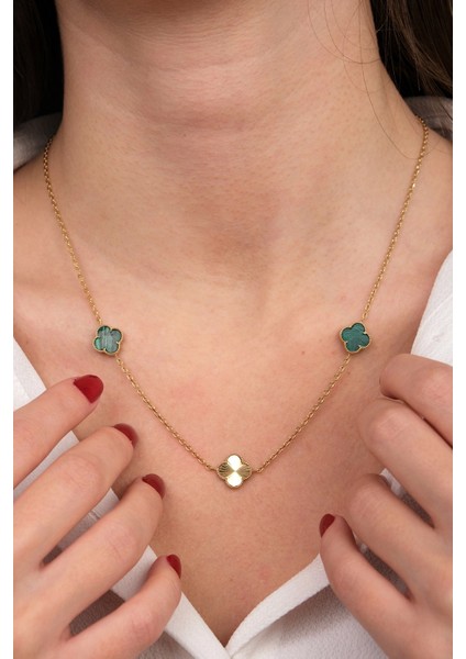 Güzide 14 Ayar Altın Yeşil Yonca Kolye